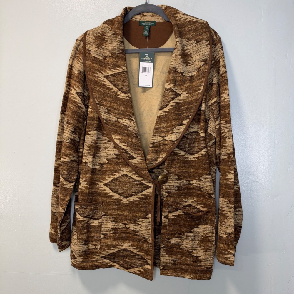 Lauren Ralph Lauren Southwestern Aztec Concho Cardigan 1X Boho Tan Multi New